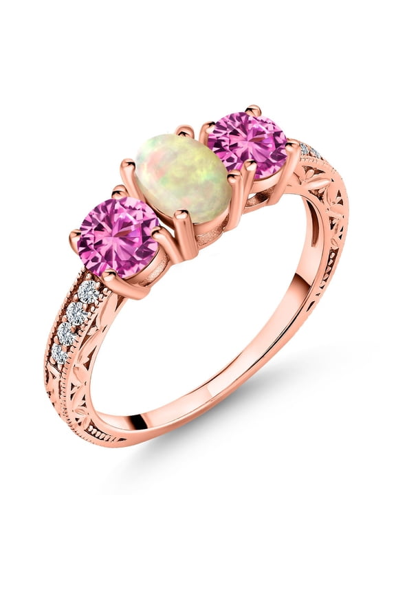 1.73 Ct Oval Cabochon White Ethiopian Opal Pink Created Sapphire 18K Rose Gold Plated Silver Ring (Size 6)