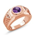 thumbnail image 1 of Gem Stone King 1.73 Ct Round Purple Amethyst White Diamond 18K Rose Gold Plated Silver Men's Ring, 1 of 5