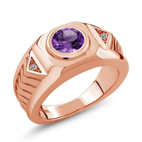 Gem Stone King 1.73 Ct Round Purple Amethyst White Diamond 18K Rose Gold Plated Silver Men's Ring