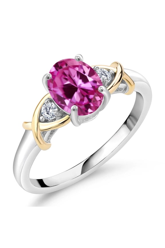 1.73 Cttw 2 Tone 10K Yellow Gold and 925 Sterling Silver Pink Created Sapphire and White Lab Grown Diamond Engagement Ring for Women | Oval 8X6MM | Available in Size 5,6,7,8,9