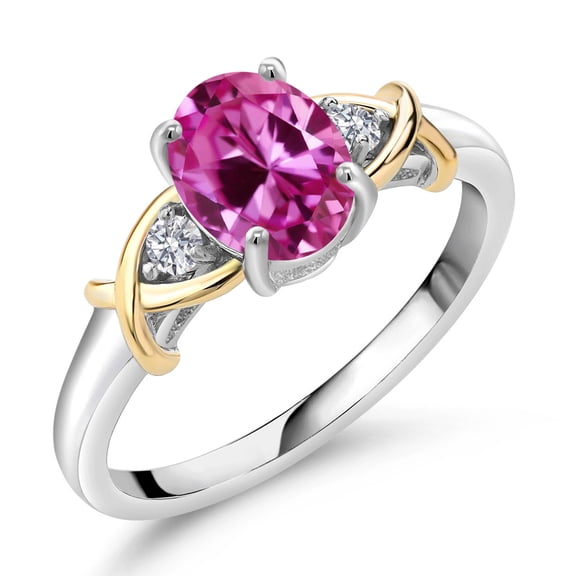 Gem Stone King 1.73 Cttw 2 Tone 10K Yellow Gold and 925 Sterling Silver Pink Created Sapphire and White Lab Grown Diamond Engagement Ring for Women | Oval 8X6MM | Available in Size 5,6,7,8,9
