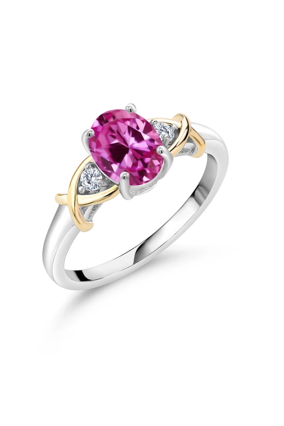 1.73 Cttw 2 Tone 10K Yellow Gold and 925 Sterling Silver Pink Created Sapphire and White Lab Grown Diamond Engagement Ring for Women | Oval 8X6MM | Available in Size 5,6,7,8,9