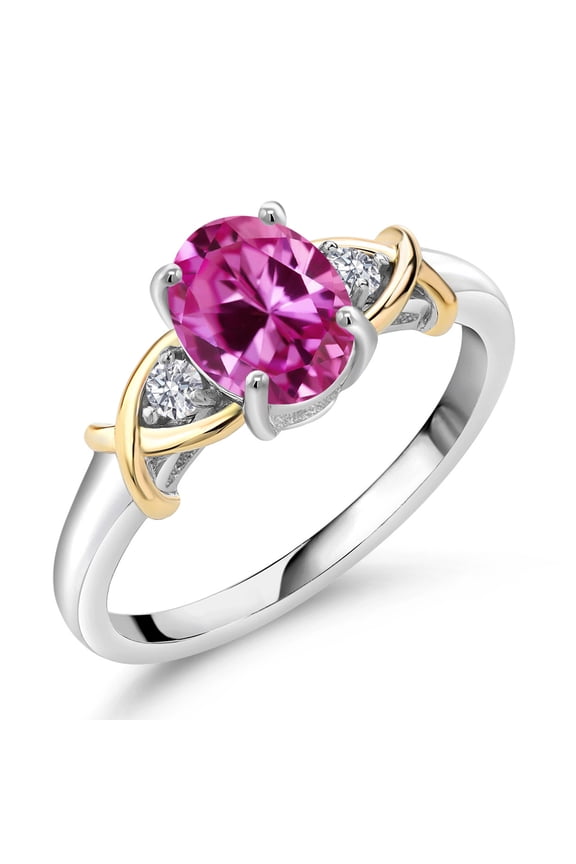 1.73 Cttw 2 Tone 10K Yellow Gold and 925 Sterling Silver Pink Created Sapphire and White Lab Grown Diamond Engagement Ring for Women | Oval 8X6MM | Available in Size 5,6,7,8,9
