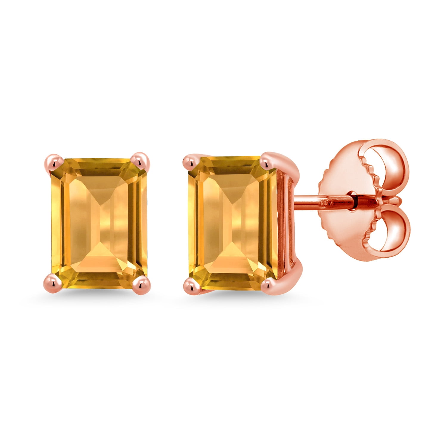 Gem Stone King 1.74 Ct Emerald Cut 7x5mm Yellow Citrine 18K Rose Gold Plated Silver Stud Earrings for Women Men