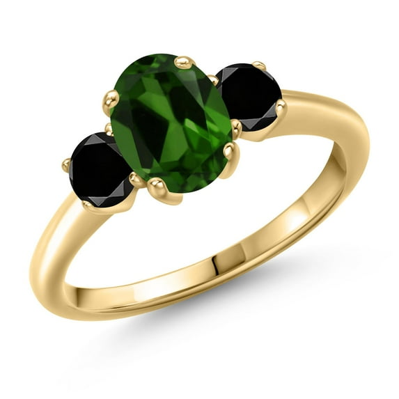 Gem Stone King 1.74 Ct Green Chrome Diopside Black Diamond 18K Yellow Gold Plated Silver Ring