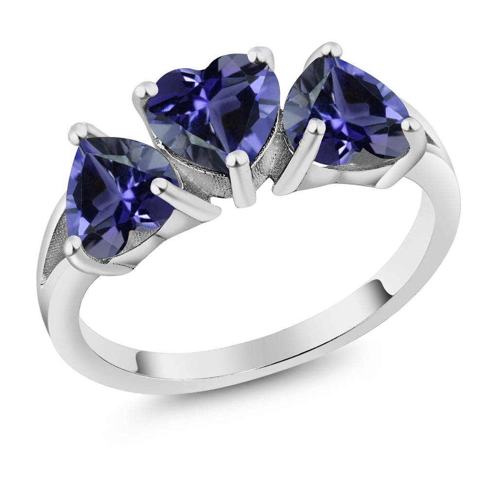 Gem Stone King 1.74 Ct Heart Shape Blue Iolite 925 Sterling Silver 3-Stone Ring