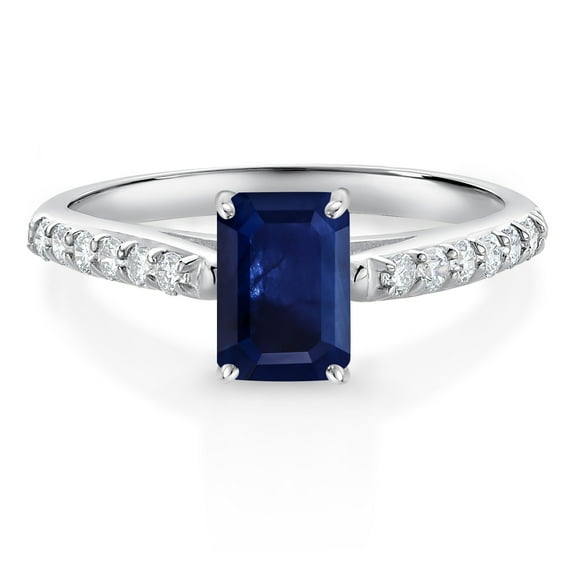 Gem Stone King 1.74 Ct Octagon Blue Sapphire G/H Lab Grown Diamond 10K White Gold Engagement Ring (Size 5)