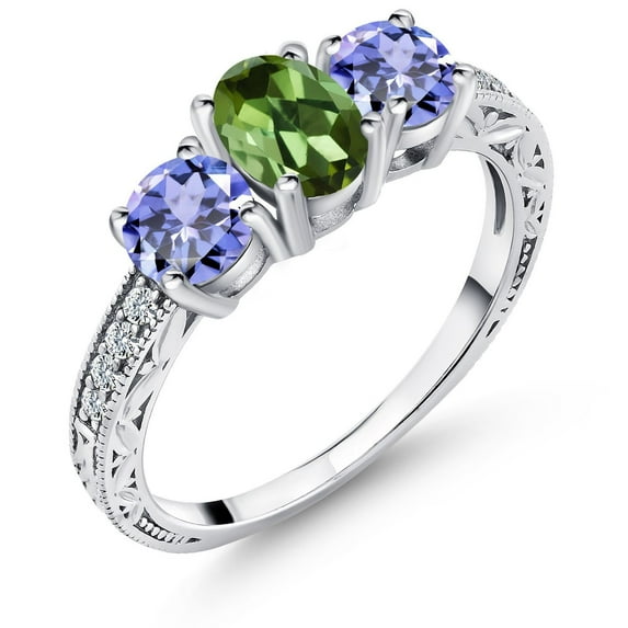 Gem Stone King 1.74 Ct Oval Green Tourmaline Blue Tanzanite 925 Sterling Silver Ring (Size 6)