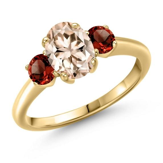 Gem Stone King 1.74 Ct Oval Peach Morganite Red Garnet 18K Yellow Gold Plated Silver Ring