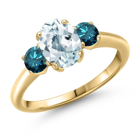 Gem Stone King 1.74 Ct Oval Sky Blue Aquamarine Blue Diamond 18K Yellow Gold Plated Silver Ring