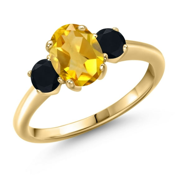 Gem Stone King 1.74 Ct Oval Yellow Citrine Black Onyx 18K Yellow Gold Plated Silver Ring