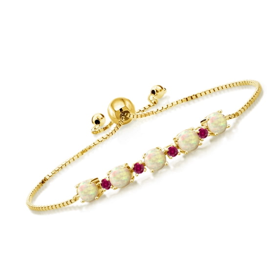 Gem Stone King 1.74 Ct Round Cabochon White Ethiopian Opal Red Created Ruby 18K Yellow Gold Plated Silver Bracelet for Women
