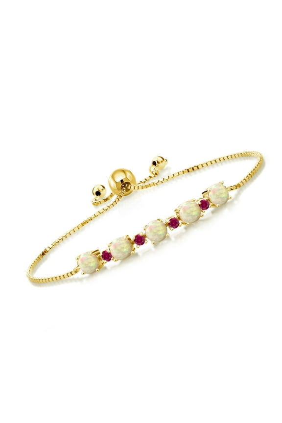 1.74 Ct Round Cabochon White Ethiopian Opal Red Created Ruby 18K Yellow Gold Plated Silver Bracelet for Women