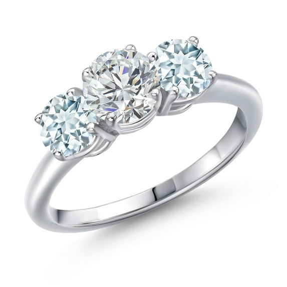 Gem Stone King 925 Sterling Silver Lab Grown Diamond and Sky Blue Aquamarine Engagement Ring for Women | 1.74 Cttw | Round 6MM | Gemstone April Birthstone | Size 9