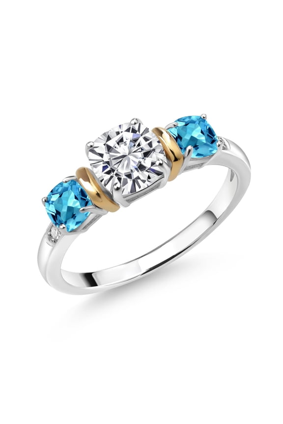 1.74 Cttw 925 Silver & 10K Yellow Gold IGI Certified Lab Grown Diamond and Topaz 3 Stone Ring for Women | 1 Ct Center Cushion Cut Diamond | E-F Color VS1-VS2 Clarity (Size 7)