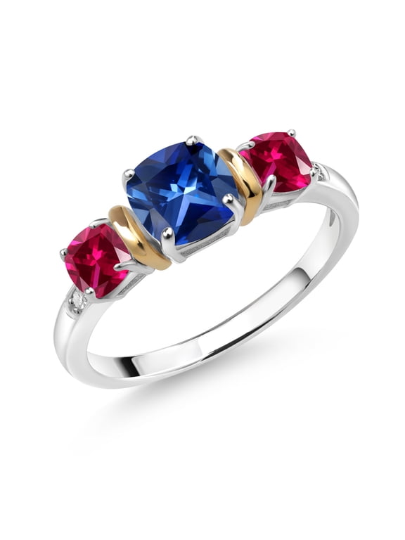 1.75 Ct Blue Created Sapphire Red Created Ruby 925 Silver and 10K Yellow Gold Diamond 3-Stone Ring (Size 5)