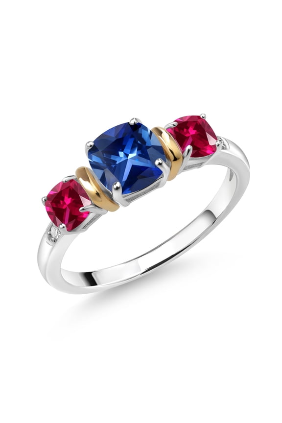 1.75 Ct Blue Created Sapphire Red Created Ruby 925 Silver and 10K Yellow Gold Diamond 3-Stone Ring (Size 6)