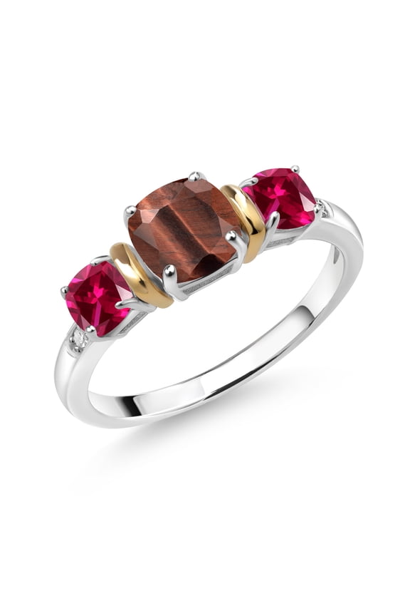 1.75 Ct Cushion Red Tiger Eye Red Created Ruby 925 Silver and 10K Yellow Gold Diamond 3-Stone Ring (Size 7)