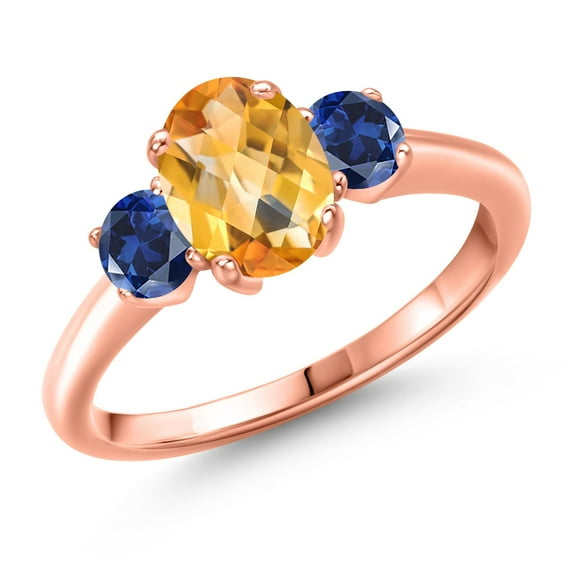 Gem Stone King 1.75 Ct Oval Checkerboard Yellow Citrine Blue Created Sapphire 18K Rose Gold Plated Silver Ring