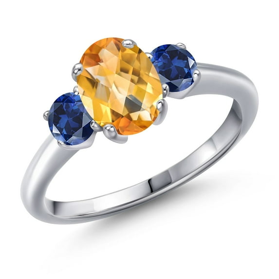 Gem Stone King 1.75 Ct Oval Checkerboard Yellow Citrine Blue Created Sapphire 925 Sterling Silver Ring