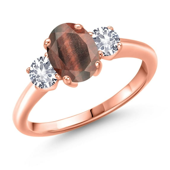 Gem Stone King 1.75 Ct Oval Red Tiger Eye White Created Sapphire 18K Rose Gold Plated Silver Ring