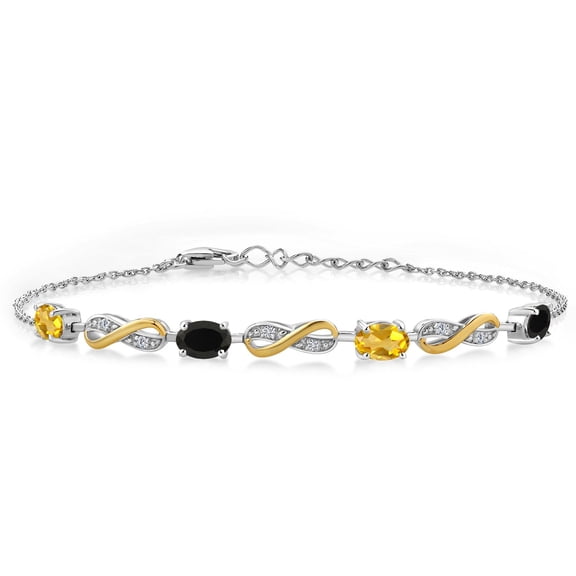 Gem Stone King 1.75 Ct Oval Yellow Citrine Black Onyx 925 Silver and 10K Yellow Gold Lab Grown Diamond Infinity Bracelet for Women Mother's Mom Wife Her, Fully Adjustable up to 7.5 inch)