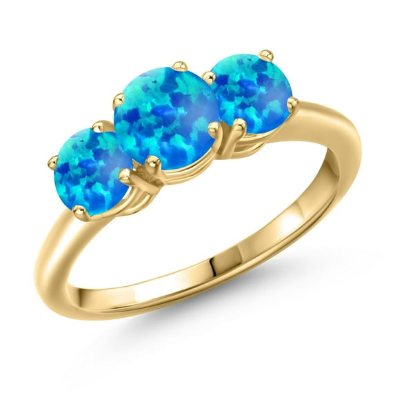 Gem Stone King 18K Yellow Gold Plated Silver Simulated Blue Opal Engagement Ring for Women | 0.84 Cttw | Round Cabochon 6MM | Gemstone October Birthstone | Size 5