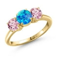 thumbnail image 1 of Gem Stone King 18K Yellow Gold Plated Silver Simulated Blue Opal and Pink Lab Grown Diamond Engagement Ring for Women | 1.30 Cttw | Round Cabochon 6MM | Gemstone October Birthstone | Size 8, 1 of 6