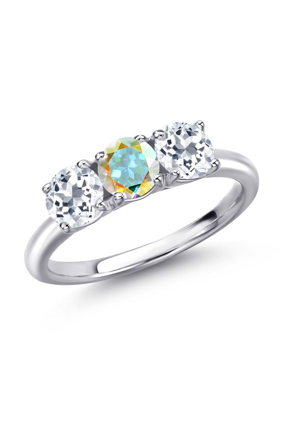 925 Sterling Silver Mercury Mist Mystic Topaz and White Topaz Engagement Ring for Women | 1.75 Cttw | Round 5MM | Gemstone November Birthstone | Size 8