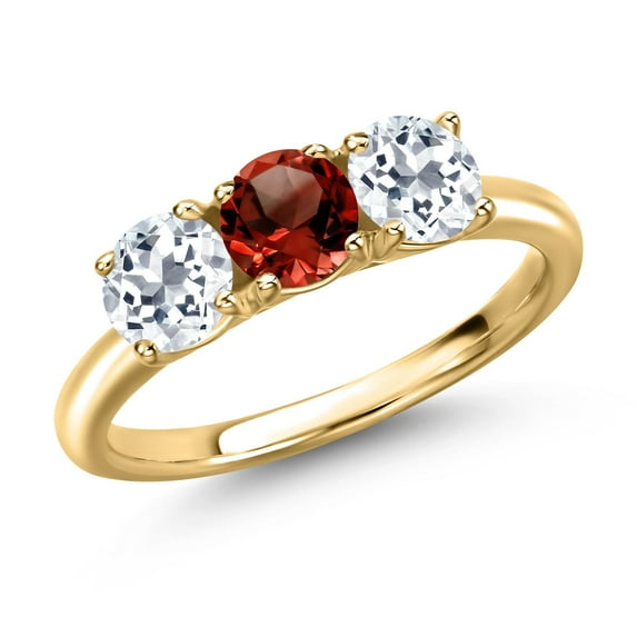 Gem Stone King 18K Yellow Gold Plated Silver Red Garnet and White Topaz Engagement Ring for Women | 1.75 Cttw | Round 5MM | Gemstone January Birthstone | Size 7