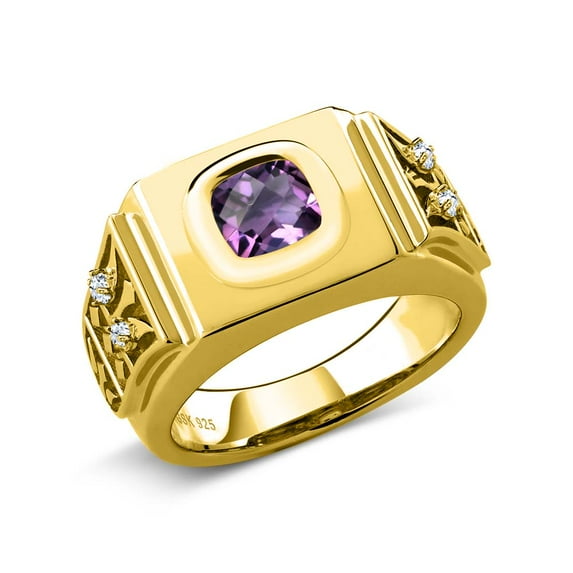 Gem Stone King 1.76 Cttw Cushion Checkerboard Purple Amethyst 18K Yellow Gold Plated Silver Ring for Men | Gemstone Birthstone | Size 10