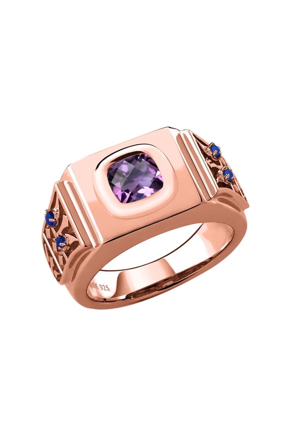 1.76 Ct Cushion Checkerboard Purple Amethyst Blue Created Sapphire 18K Rose Gold Plated Silver Men's Ring (Size 10)