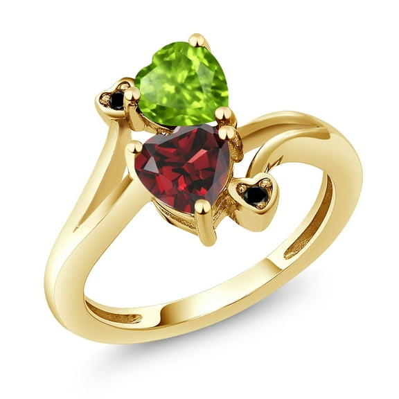 Gem Stone King 10K Yellow Gold Green Peridot and Red Garnet Women Diamond Accent Ring (1.76 Ct Heart Shape, Size 8)