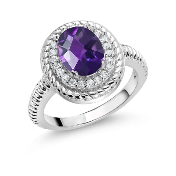 Gem Stone King 1.76 Ct Oval Checkerboard Purple Amethyst 925 Sterling Silver Halo Engagement Ring (Size 8)
