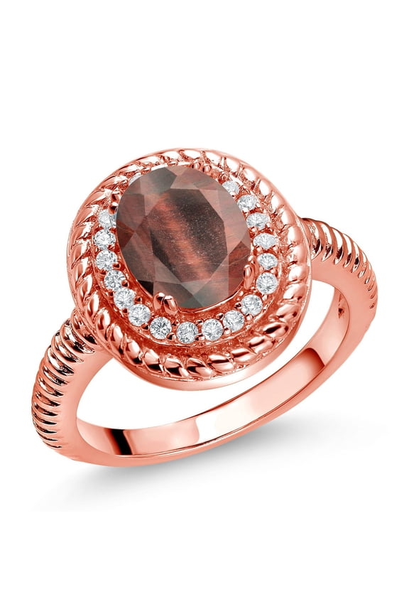 1.76 Ct Oval Red Tiger Eye 18K Rose Gold Plated Silver Ring (Size 6)