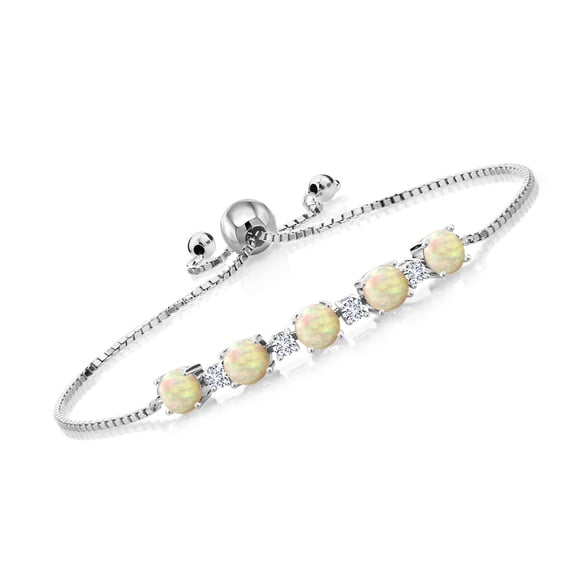 Gem Stone King 1.76 Ct Round Cabochon White Ethiopian Opal G-H Lab Grown Diamond 925 Silver Tennis Bracelet for Women