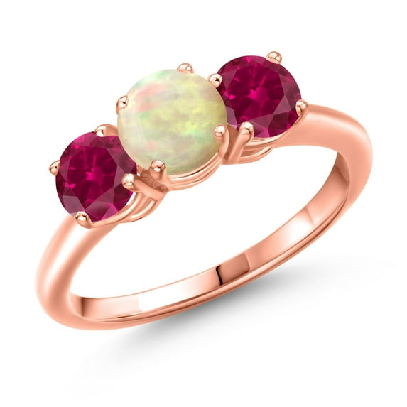 Gem Stone King 18K Rose Gold Plated Silver White Ethiopian Opal and Red Created Ruby Engagement Ring for Women | 1.76 Cttw | Round Cabochon 6MM | Gemstone October Birthstone | Size 8