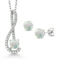 thumbnail image 1 of Gem Stone King 1.76 Ct Round Cabochon White Simulated Opal White Created Sapphire 925 Sterling Silver Pendant and Earrings Jewelry Set, 1 of 3