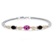 Gem Stone King 1.76 Cttw Pink Created Sapphire Black Onyx and White Lab Grown Diamond Bracelet for Women | 925 Silver and 10K Yellow Gold | Gemstone Birthstone | Wheat Chain | 6.5/7/7.5 inches