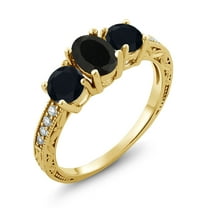 Gem Stone King 1.77 Ct Oval Black Onyx 18K Yellow Gold Plated Silver Moissanite Ring (Size 7)