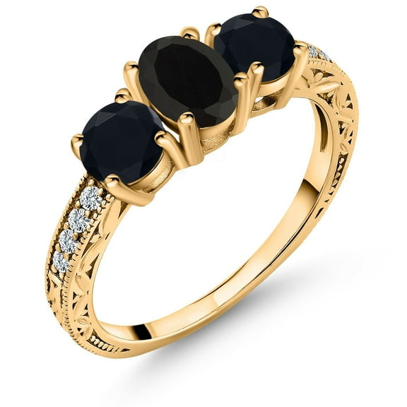 Gem Stone King 1.77 Ct Oval Black Onyx 18K Yellow Gold Plated Silver Ring (Size 8)