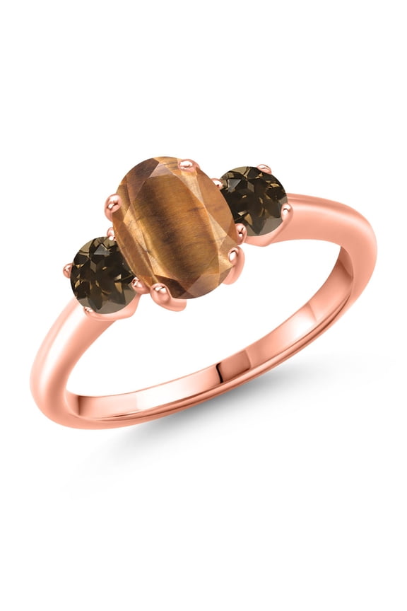 1.77 Ct Oval Brown Tiger Eye Brown Smoky Quartz 18K Rose Gold Plated Silver Ring (Size 6)