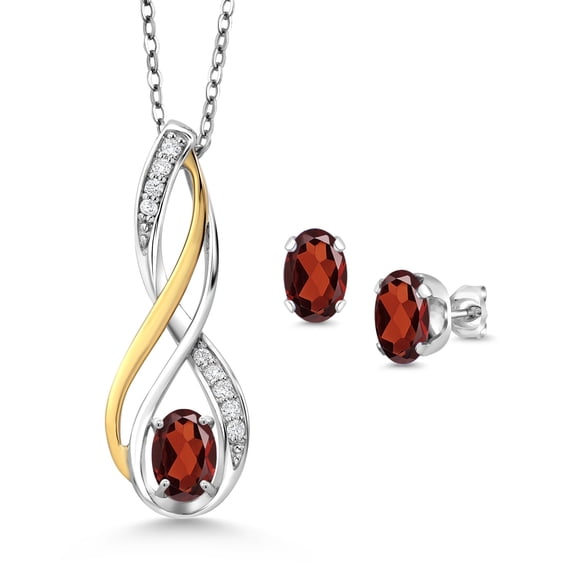 Gem Stone King 1.77 Ct Red Garnet E-F Lab Grown Diamond 925 Silver and 10K Yellow Gold Pendant and Earrings Jewelry Set