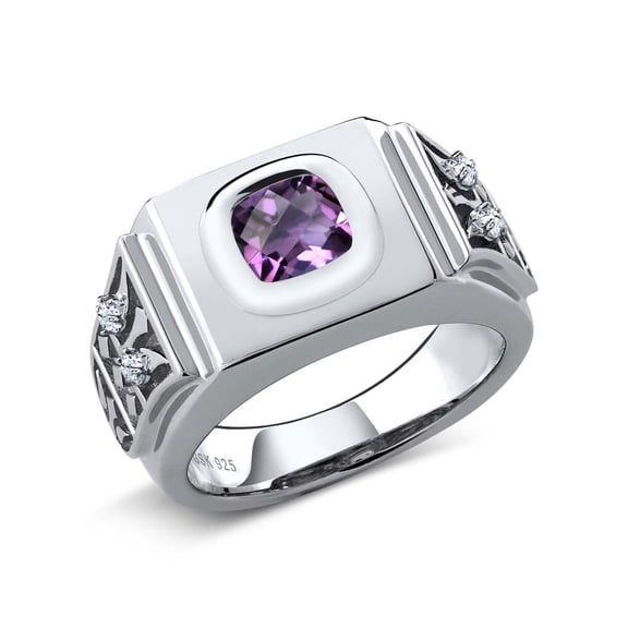 Gem Stone King 1.78 Ct Cushion Checkerboard Purple Amethyst White Topaz 925 Silver Men's Ring (Size 9)
