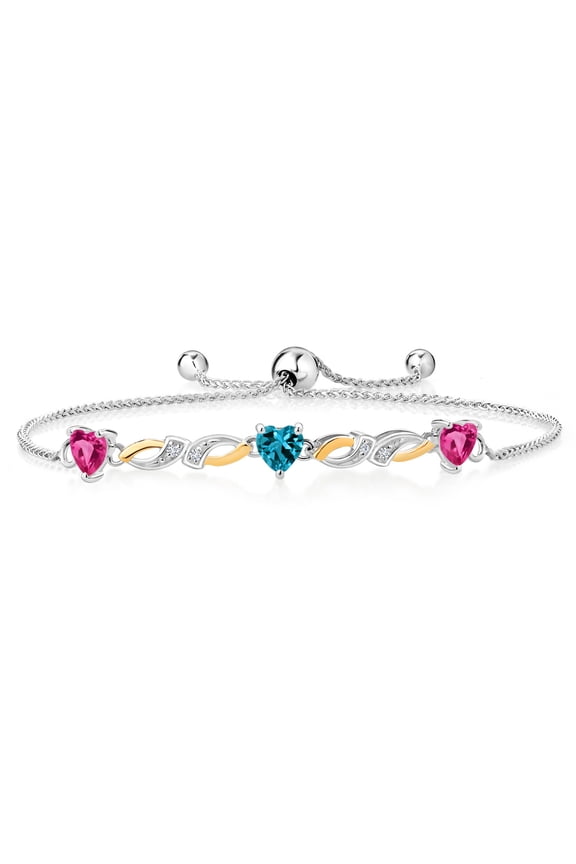 1.78 Ct Heart Shape Pink Created Sapphire London Blue Topaz 925 Silver and 10K Yellow Gold Lab Grown Diamond Bracelet for Women