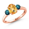 thumbnail image 1 of Gem Stone King 1.79 Ct Oval Checkerboard Yellow Citrine Blue Diamond 18K Rose Gold Plated Silver Ring, 1 of 6