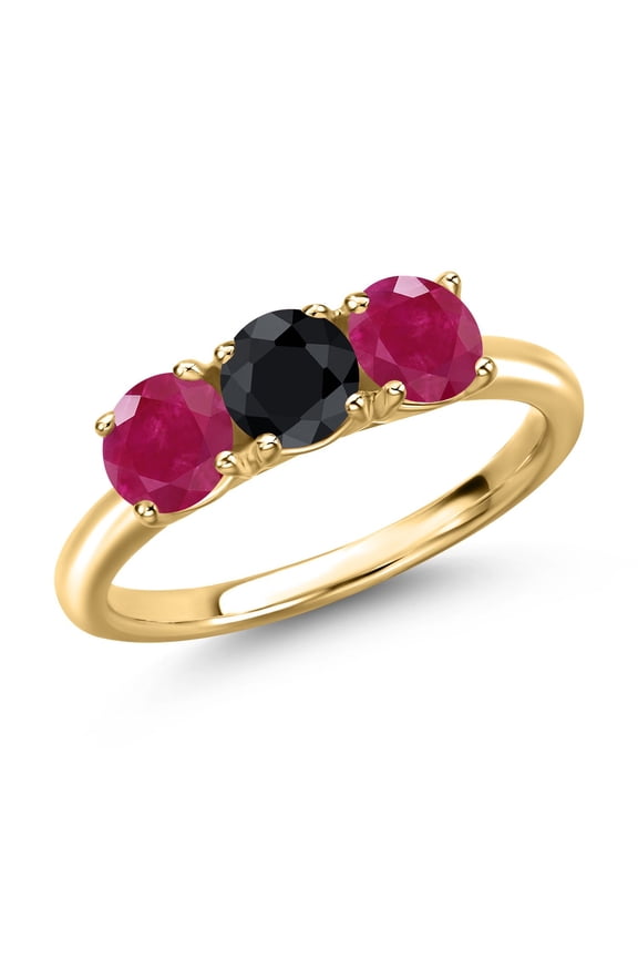 18K Yellow Gold Plated Silver Black Sapphire and Red Ruby Engagement Ring for Women | 1.79 Cttw | Round 5MM | Gemstone September Birthstone | Size 9