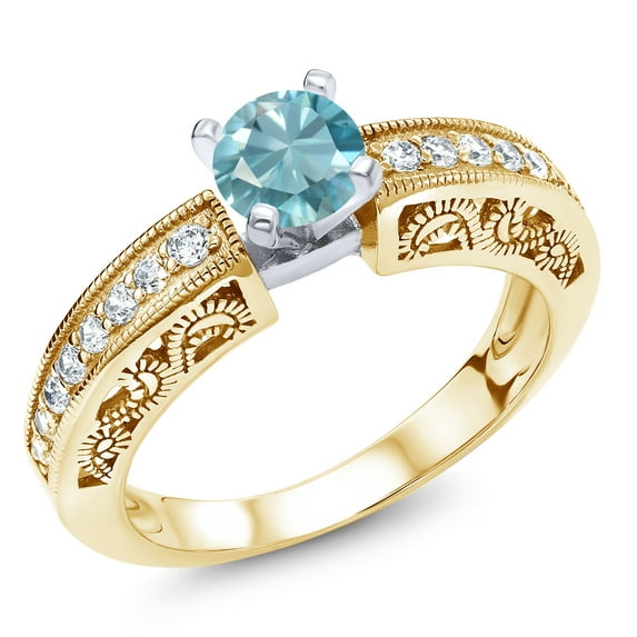 Gem Stone King 1.79 Ct Round Blue Zircon 18K Two-Tone Plated Sterling Silver Ring (Size 7)