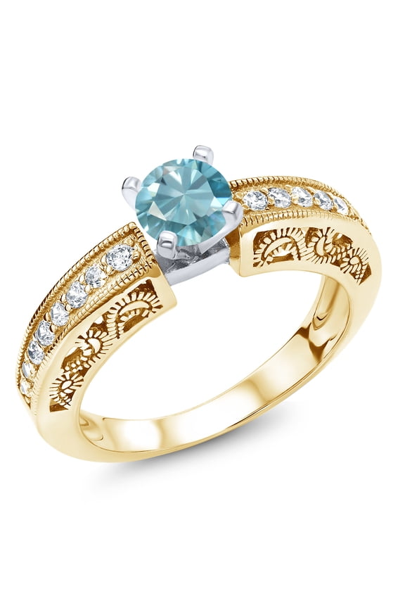 1.79 Ct Round Blue Zircon 18K Two-Tone Plated Sterling Silver Ring (Size 5)
