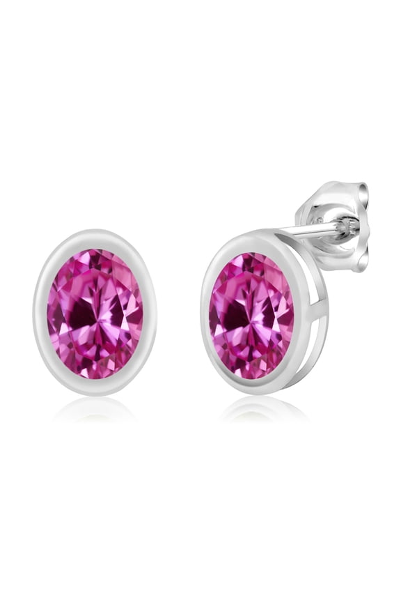 1.80 Ct Oval 7x5mm Bezel Setting Pink Created Sapphire 925 Sterling Silver Stud Earrings for Women Men